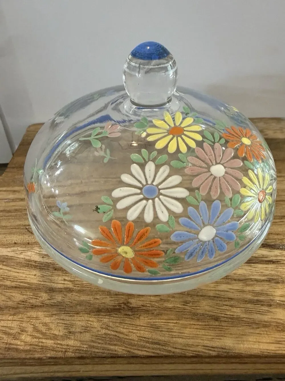 Vintage Hand painted Daisy’s Jewelry Box Clear Glass Trinket Dish 5”